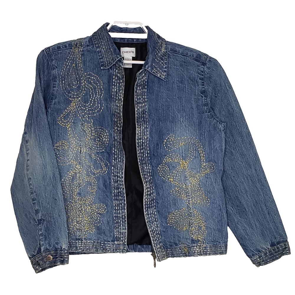 Chicos Jean Jacket Sz 1 Blue Denim w/Gold Embroidery Full Zip Collar Long Sleeve